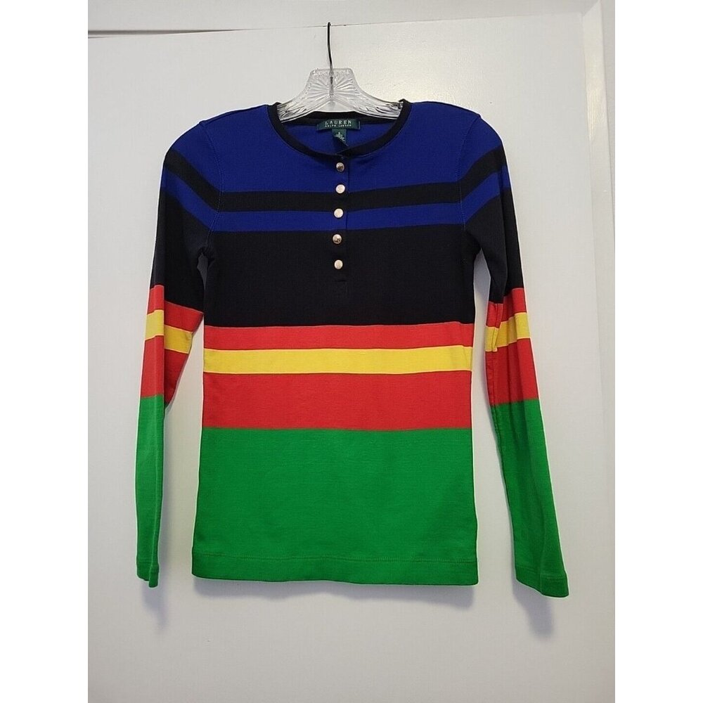 Vintage Lauren Ralph Lauren Knit Henley Shirt Color Block Green Red Small